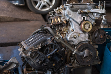 Old car engines in the garage