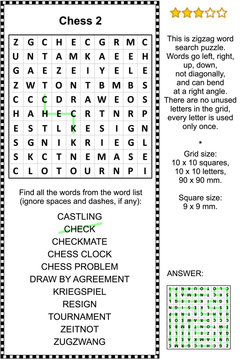 Chess game themed zigzag word search puzzle 2 (suitable both for kids and adults). Answer included.

