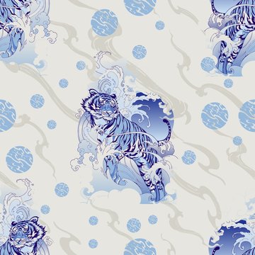 Tiger Hiking in Ocean wave and cloud design with ink Chinese or Japanese illustration vector tattoo for print seamless pattern with blue Porcelain tone and light gray background
