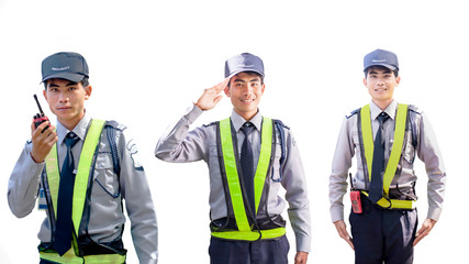Asian security guard isolated on white background. Male security guard with portable radio...
