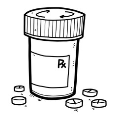 Drug pills and bottle / cartoon vector and illustration, black and white, hand drawn, sketch style, isolated on white background.
