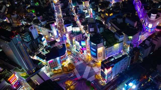 A night timelapse of the neon town in Shibuya crossing high angle wide shot tilt