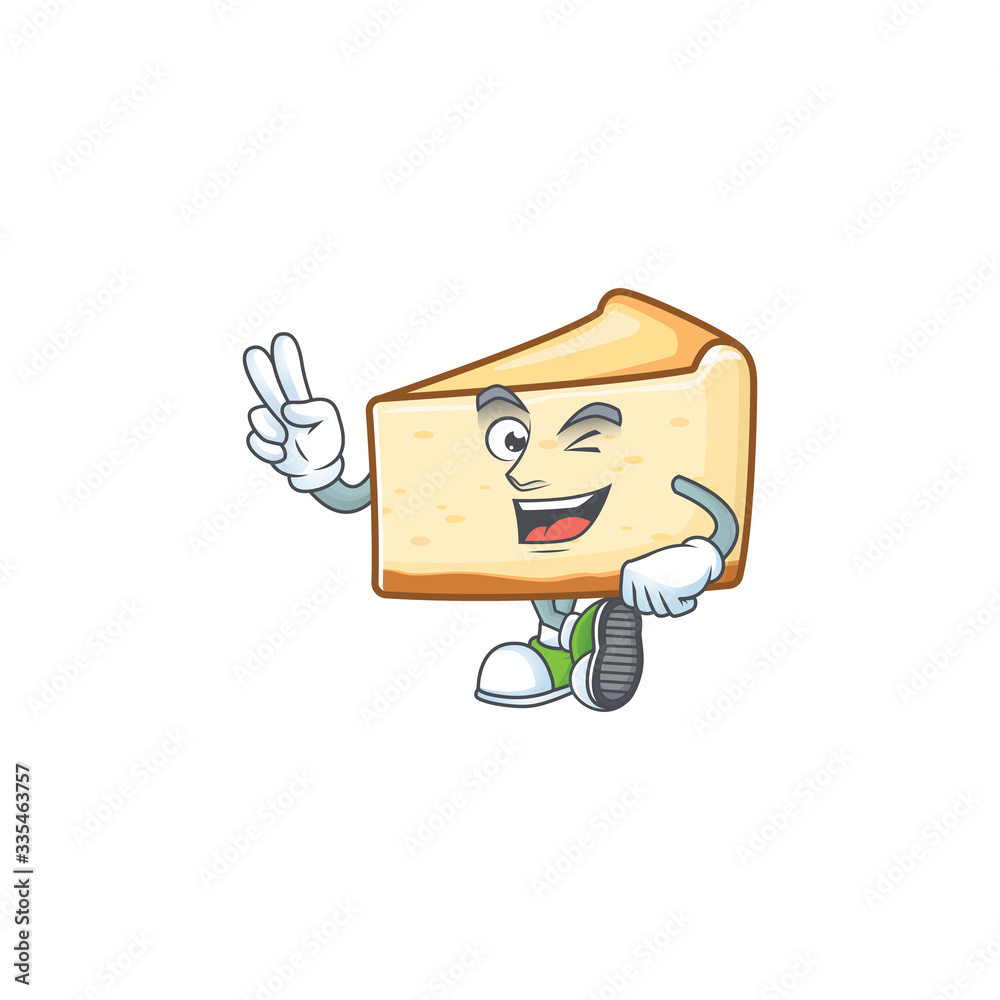 Sticker cheerful cheese cake mascot design with two fingers