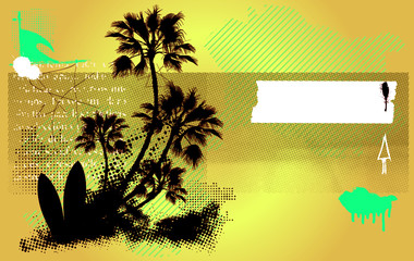 surf banner with table and palms in grunge background