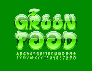 Vector logo Green Food with Leaf. Creative glossy Font. Artistic Alphabet Letters and Numbers