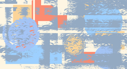 Light distressed template in modern grungy style. Geometric grey and blue background with orange and yellow accents