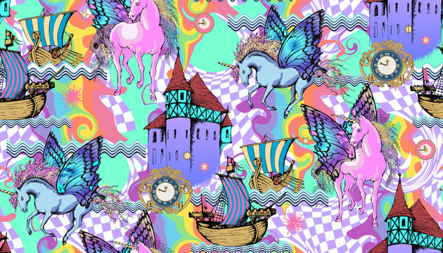 Magic Unicorn. Seamless pattern. Vector illustration. Suitable for fabric, wrapping paper and the like