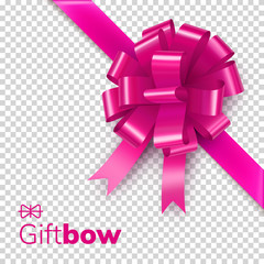 Pink gift bow from satin tape isolated on transparent background. Beautiful realistic decoration for valentines day congratulation. Elegant layout with shiny silk ribbon bow vector illustration.