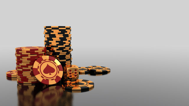 Gambling leisure game concept background with elegant golden chips and dice for Poker, Blackjack or Baccarat game. 3D Render
