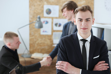 Hands of businessman at workplace crossed on chest. White collar worker at workspace shake hands, exchange market, job offer, certified public accountant, internal Revenue officer concept