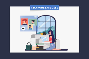 Naklejka na ściany i meble Woman Stay at home avoid spreading the coronavirus during covid-19. Work from home to safe life.
