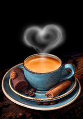 Blue coffee Cup, drink, flavor, coffee beans, rustic, craft, dark, brown, black, espresso, heart of hot steam, place for text