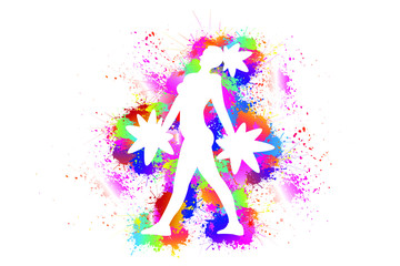 Obraz na płótnie Canvas Cheerleader logo design, Popular Cheerleading Sport, Dancing colorful girl splash paint on white background, Pom Poms, Exercises, Equipment, Healthcare, Icon, Symbol, Silhouette, Vector illustration.