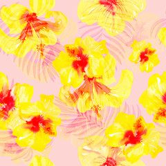 Fototapeta na wymiar hibiscus flowers print on pink background, watercolor floral seamless pattern.