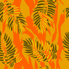 Fototapeta na wymiar Abstract palm print on orange seamless background