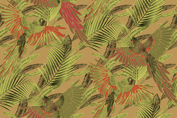 Naklejka na ściany i meble Seamless pattern of parrots, peacock and flowers. Suitable for fabric, wrapping paper and the like. Vector illustration