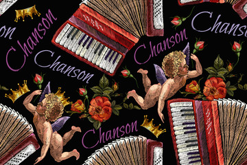 Embroidery two angels, accordion and roses flowers seamless pattern. Renaissance template for clothes, t-shirt design. Chanson slogan. Music art