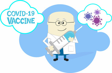 cartoon illustration of happy scientist holding big syringe with coronavirus vaccine. Isolated on white background