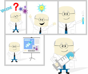 cartoon storyboard of scientist developing coronavirus vaccine. Isolated on white background