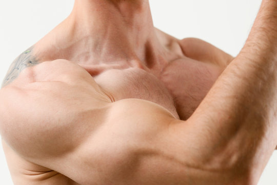 Fitness man background shoulder biceps pectoral muscles triceps bodybuilder on a gray background demonstrates the physical form for classes in the gym