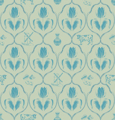 Seamless pattern in Dutch style. Blue tulips, a mill, a jug, a cow and cheeses on a gray background. It can be used for creating Wallpaper, textiles, and paper.