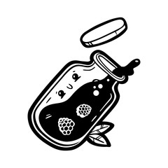 Glass jar with raspberry jam. Kawaii cartoon style doodle character. Emoticon face icon. Hand drawn black ink illustration isolated on white background. Vector