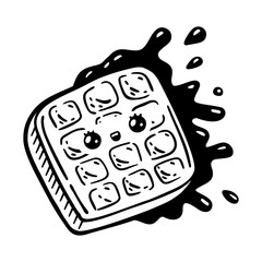 Crispy wafer, chocolate cream flavor. Kawaii cartoon style doodle character viennese waffles. Emoticon face icon. Hand drawn black ink illustration isolated on white background. Vector