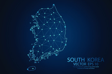 Abstract mesh line and Point scales on dark background with map of South Korea. Wire frame 3D mesh polygonal network line, design sphere, dot and structure. Vector illustration eps 10.