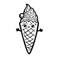 Ice cream in a waffle cone. Kawaii cartoon style doodle character. Emoticon face icon. Hand drawn black ink illustration isolated on white background. Vector