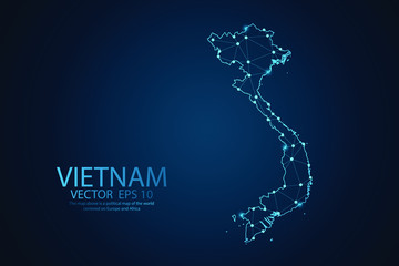 Abstract mash line and point scales on dark background with map of Vietnam. Wire frame 3D mesh polygonal Network line, design sphere, dot and structure. Vector illustration eps 10
