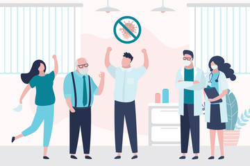 Medical staff,happy family and non infected patient. Room in hospital. Health care concept.