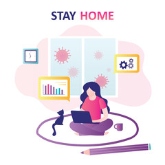 Self-Isolation or self quarantine. Freelancer woman work at home. Protective circle around the girl