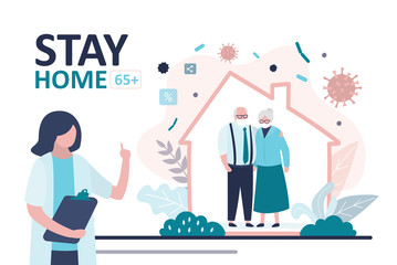 Stay home banner. Female doctor warning about global viral pandemic covid-19. Grandparents at home.
