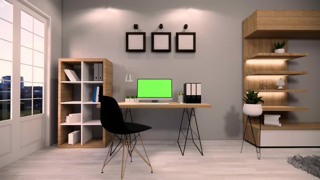 Interior of Living room or working area with TV and sofa with track green screen Work from home..3d Rendering.