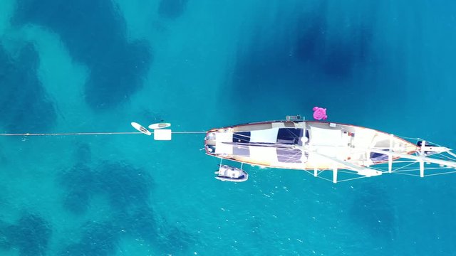 Aerial view of a yaht moored near Spinalonga Island, Crete, Greece
