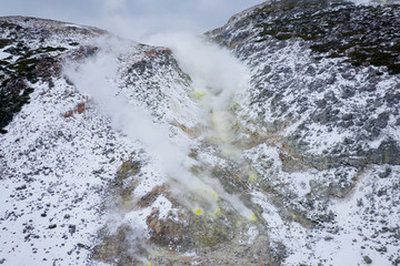 Sulphur mountain in Kawayu in winter time