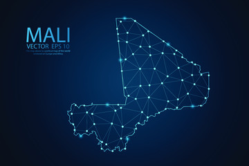 Abstract mash line and point scales on dark background with map of Mali. Wire frame 3D mesh polygonal network line, design sphere, dot and structure. Vector illustration eps 10.