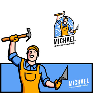 Classic 70s House Repair and Build Service Mascot Holding Hammer and Trovel