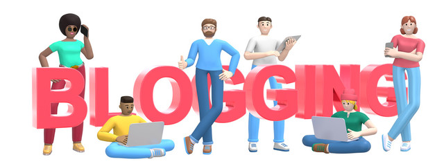 Word blogging on white background. Group of young multicultural successful people with laptop, tablet, phone. Horizontal banner cartoon character and website slogan. 3D rendering.