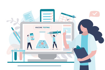 Woman scientist talk about virus vaccine development. Medical workers research and test new coronavirus vaccine.