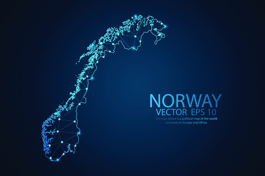 Abstract mash line and point scales on dark background with map of Norway. Wire frame 3D mesh polygonal network line, design sphere, dot and structure. Vector illustration eps 10.