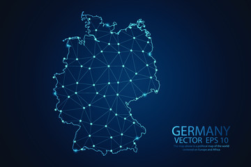 Abstract mesh line and point scales on dark Background with map of Germany. Wire frame 3D mesh polygonal network line, design sphere, dot and structure. Vector illustration eps 10. - obrazy, fototapety, plakaty