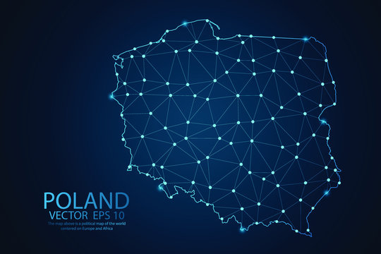Fototapeta Abstract mash line and point scales on dark background with map of Poland. Wire frame 3D mesh polygonal network line, polygon design sphere, dot and structure. Vector illustration eps 10.