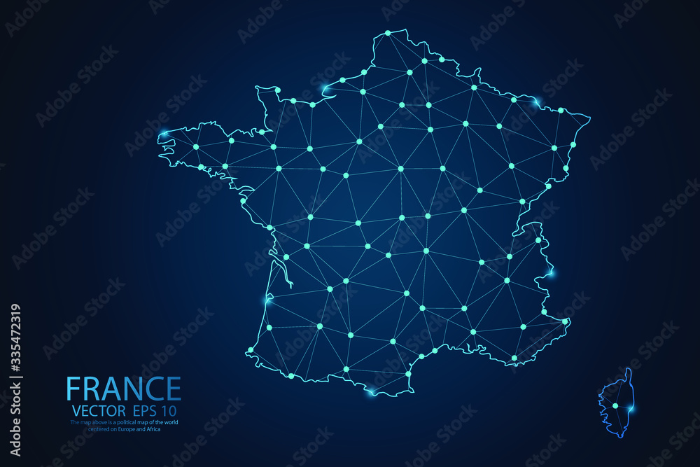 Wall mural abstract mesh line and point scales on dark background with map of france. wire frame 3d mesh polygo