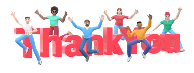 The word thank you on a white background. Group of young multicultural happy people jump and dance together. Horizontal banner cartoon character and website slogan. 3D rendering.