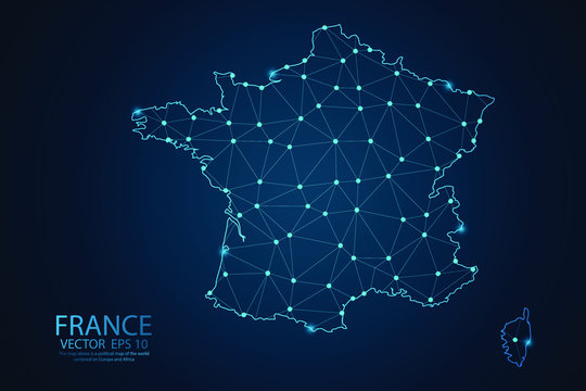 Abstract mesh line and point scales on dark background with map of France. Wire frame 3D mesh polygonal network line, design sphere, dot and structure. Vector illustration eps 10.