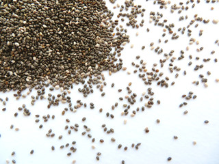 Fototapeta premium Chia seeds isolated on white background. Black grains scattered on white surface. Super food, snack, breakfast, ingredient milking cooking photo. Proper nutrition, healthy lifestyle, diet, copy space