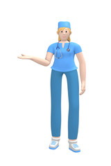 Medical character young white female doctor hand holding empty palm side. Copy space. Cartoon person isolated on a white background. 3D rendering.