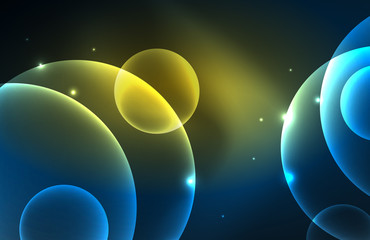 Neon shiny transparent glowing circles with light effects. Techno futuristic vector abstract background For Wallpaper, Banner, Background, Card, Book Illustration, landing page