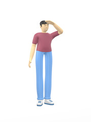 3D rendering character Asian guy hand in the eye, looking into the distance. Concept of planning, captain, perspective, hope. Positive illustration is isolated on a white background.
